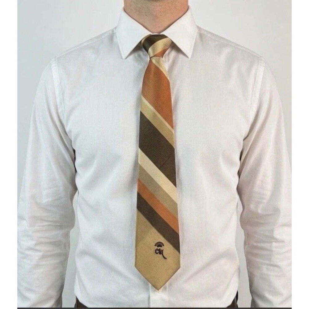 Countess Mara Men’s Tan Brown Olive Burnt Orange Stripe 100% Silk Vintage Tie